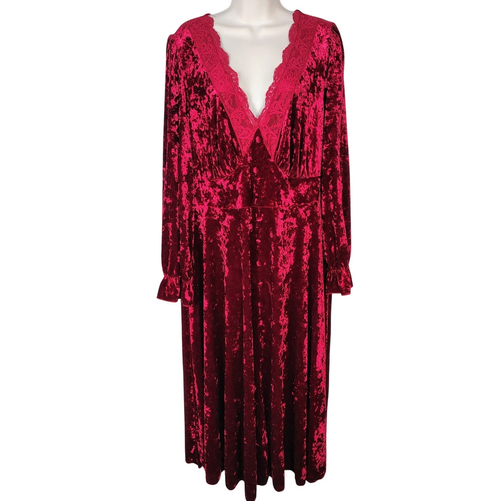 Curve 3XL Red Crushed Velvet Lace Trim V-Neck Midi Dress Long Sleeve Holiday